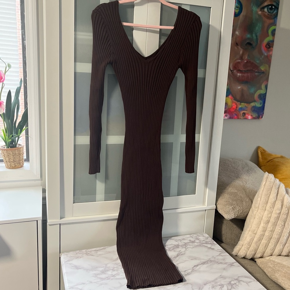 Fashion Nova Chocolate Long Sleeve Dress Brown sweater nit stretchy body-con new - Picture 2 of 5